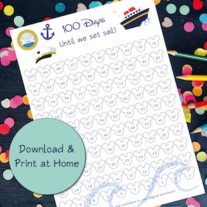 May include: A printable 100-day countdown to a Disney vacation. The design features a blue and white cruise ship, a Mickey Mouse head, and an anchor. The numbers are arranged in a grid of Mickey Mouse ears.