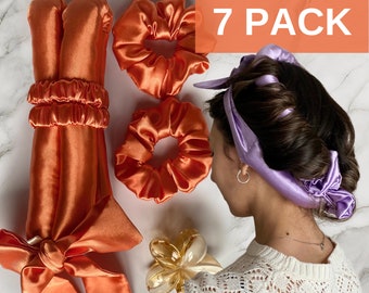 Satin Heatless Hair Curler Set 7 Pack, 4 Scrunchies,a Hair Clip and Bag, Overnight Curls, Healthy, Beachy Waves, Gifts for Girlfriend, Women
