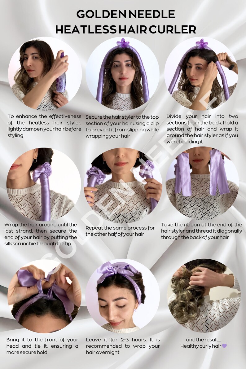 Satin Heatless Hair Curler Set 7 Pack, 4 Scrunchies,a Hair Clip and Bag, Overnight Curls, Healthy, Beachy Waves, Gifts for Girlfriend, Women zdjęcie 9