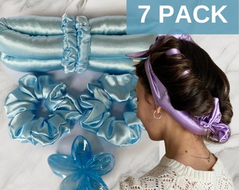 Satijn Heatless Hair Curler Set 7-pack, 4 scrunchies, een haarclip en tas, nachtelijke krullen, gezonde, strandachtige golven, cadeaus voor vriendin, vrouwen