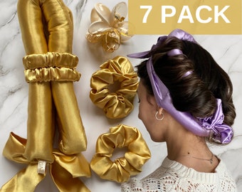 Yellow Satin Heatless Hair Curler Set 7 Pack,4 Scrunchies,a Hair Clip and Bag,Overnight Curls,Healthy,Beachy Waves,Gift for Girlfriend Women