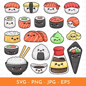 Può includere: Illustrazione di vari tipi di sushi e piatti giapponesi, come nigiri e maki, con facce sorridenti. Include anche salsa di soia e riso. Il testo "SVG - PNG - JPG - EPS" è incluso.
