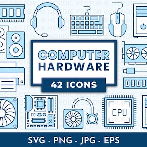 May include: A collection of 42 light blue computer hardware icons, including a keyboard, mouse, CPU, and graphics card. The central text reads "COMPUTER HARDWARE" with "42 ICONS" below. The image also includes "SVG - PNG - JPG - EPS".
