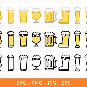 Op de afbeelding: Een verzameling bierglazen en -kruiken in verschillende vormen, gevuld met gele vloeistof en bedekt met wit schuim. De afbeelding bevat een laarsvormig glas en een mok met een handvat. De onderkant van de afbeelding bevat de tekst "SVG - PNG - JPG - EPS".