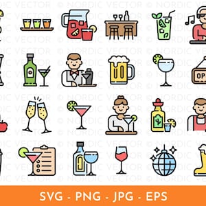 Könnte beinhalten: Eine Sammlung farbenfroher Vektorillustrationen von Barartikeln. Die Icons umfassen Cocktails, Bier, Wein, Barwerkzeuge und Personen. Der Text "SVG - PNG - JPG - EPS" ist ebenfalls enthalten.