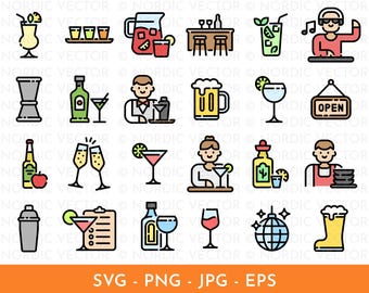Bar Icon Set, Clip Art Icon Bundle ︱Bartender, Cocktail, Drink, Alcohol, Beverages ︱ Clipart, Cartoon, Drawing, Illustration ︱ SVG, PNG, EPS