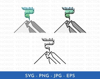 Nothern Lights Icon Illustration, Aurora Borealis, Mountain, Night Sky, Lapland, Arctic, Travel ︱ Clip Art, Cartoon, Drawing ︱ SVG, PNG, EPS