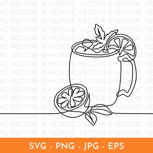 May include: Line art illustration of a mug with a handle, garnished with a lemon slice and sprigs of mint. A halved lemon is next to the mug. The image is a minimalist design in black and white. The bottom of the image has the text "SVG - PNG - JPG - EPS".