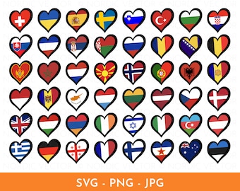 Eurovision 2024 Länderflaggen im Herzrahmen, Eurovision Logo SVG & PNG, Eurovision Party Dekoration, druckbare Aufkleber, ClipArt