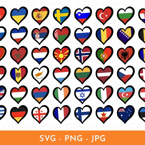 Banderas de países de Eurovisión 2024 dentro del marco del corazón, logotipo de Eurovisión SVG & PNG, decoración de fiesta de Eurovisión, pegatina imprimible, imágenes prediseñadas