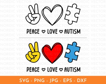Peace Love Autism Svg, Autism Awareness Png, Autism Png, Neurodiversity Svg, Cut File for Cricut, Silhouette, T-Shirt Sublimation Design
