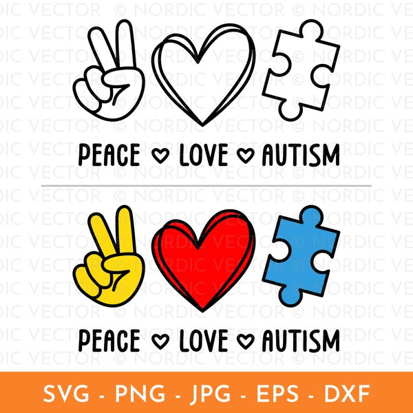 Peace Love Autism Svg, Autism Awareness Png, Autism Png, Neurodiversity Svg, Cut File for Cricut, Silhouette, T-Shirt Sublimation Design