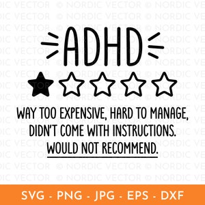 May include: Black and white graphic with the text "ADHD" and a one-star rating. The text below reads "Way too expensive, hard to manage, didn't come with instructions. Would not recommend."