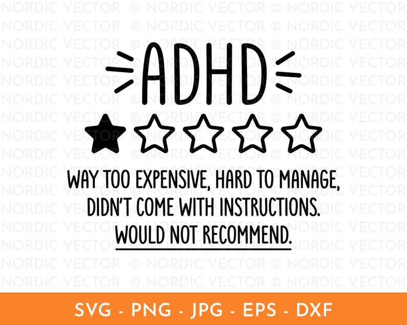 May include: Black and white graphic with the text "ADHD" and a one-star rating. The text below reads "Way too expensive, hard to manage, didn't come with instructions. Would not recommend."