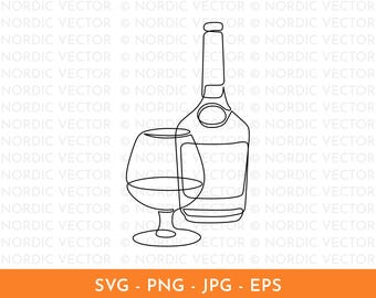 Cognac Glass & Bottle Line Art ︱ Minimal, Continuous Line Art, Hand-Drawn Illustration, Bar Cart, Alcohol, SVG, PNG, EPS