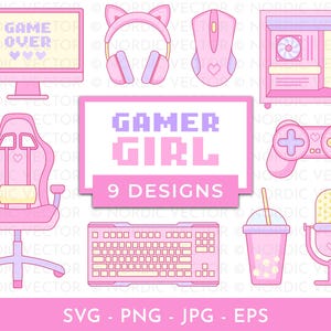 May include: A collection of pink gaming-themed illustrations. Includes a computer monitor with "GAME OVER" text, headphones, a mouse, a computer tower, a gaming chair, a controller, a keyboard, a drink, and a microphone. The text "GAMER GIRL" is also present.