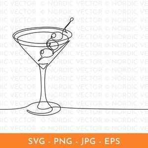 May include: A minimalist line drawing of a martini glass with an olive and a swizzle stick. The image is in black and white, with the words "SVG - PNG - JPG - EPS" in the bottom.