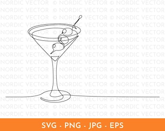 Vodka Martini Line Art ︱ Minimal, Martini Glass, Continuous Line Drawing, Hand-Drawn Illustration, Bar Cart, Classic Cocktail, SVG, PNG, EPS