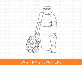 Bartender Tools Line Art ︱ Minimal Continuous Line Drawing, Hand-Drawn Illustration, Bar Cart, Cocktail Shaker, Bartender, SVG, PNG, EPS
