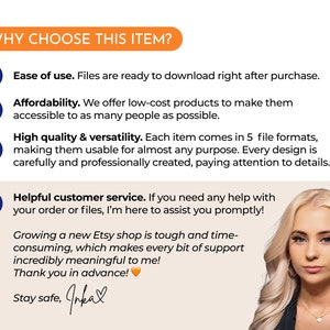 May include: A white background with a list of reasons why you should choose this item. The list includes ease of use, affordability, high quality and versatility, and helpful customer service. The image also includes a portrait of a woman with blonde hair and a black shirt.