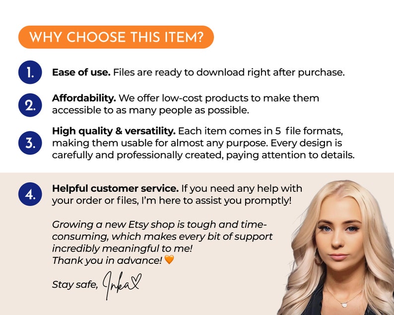 May include: A white background with a list of reasons why you should choose this item. The list includes ease of use, affordability, high quality and versatility, and helpful customer service. The image also includes a portrait of a woman with blonde hair and a black shirt.