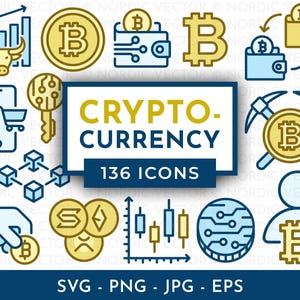 Op de afbeelding: Een verzameling van 136 cryptocurrency-pictogrammen in blauw en goud. De afbeelding bevat Bitcoin-symbolen, portemonnees, grafieken en de tekst "CRYPTO-CURRENCY" en "136 ICONS". De tekst "SVG - PNG - JPG - EPS" is ook inbegrepen.