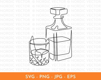 Whiskey Glass & Bottle Line Art ︱ Whisky, Single Malt, Minimal, Continuous Line Art, Hand-Drawn Illustration, Bar Cart, SVG, PNG, EPS