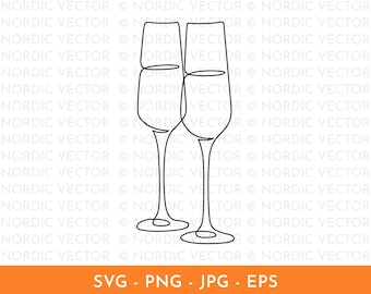 Two Champagne Glasses Line Art, Minimal, Continuous Line Drawing, Hand-Drawn Illustration, Celebration, Sparking Wine, SVG, PNG, EPS