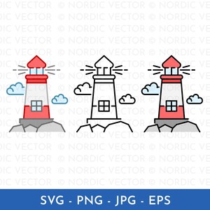 May include: Three lighthouse illustrations in red, white, and grey, each with a red top and a small window. The image also includes blue clouds and the text "SVG - PNG - JPG - EPS".