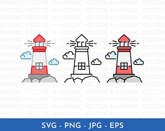 Lighthouse Icon Illustration ︱ Beacon, Light House, Clouds, Rock, Climb, Island, Ocean︱ Clipart, Cartoon, Drawing ︱ SVG, PNG, EPS