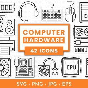 May include: A black and white line drawing of computer hardware icons, including a keyboard, mouse, and computer tower. The image features the text "COMPUTER HARDWARE" and "42 ICONS" within an orange rectangle.