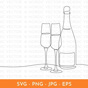 Könnte beinhalten: Eine minimalistische Strichzeichnung einer Champagnerflasche und zwei Sektgläsern. Das Bild ist in Schwarzweiß gehalten, mit dem Text "SVG - PNG - JPG - EPS" unten.