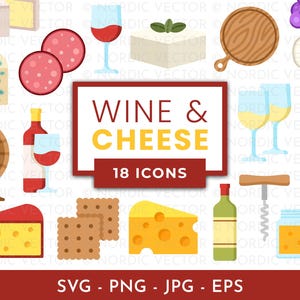 Könnte beinhalten: Eine Sammlung von 18 Wein- und Käse-Icons, darunter Käse, Cracker, Weingläser, eine Weinflasche und ein Holzschneidebrett. Der Text "WINE & CHEESE" wird in einem roten und gelben Rechteck angezeigt. Der Text "SVG - PNG - JPG - EPS" ist ebenfalls enthalten.