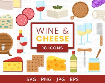 Wine And Cheese Board Clip Art Bundle, Cheese Platter Icon Set, Gourmet Food, Charcuterie ︱ Clipart, Cartoon, Illustration ︱ SVG, PNG, EPS