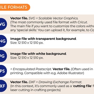 May include: A chart showing different file formats used for digital images and their descriptions. The formats include SVG, PNG, JPG, EPS, and DXF. The chart is on a light beige background with blue circles containing the file format abbreviations.