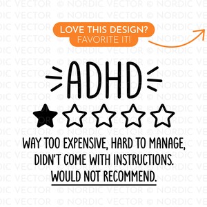 May include: Black and white graphic with the text "ADHD" and a one-star rating. The text below reads "Way too expensive, hard to manage, didn't come with instructions. Would not recommend."