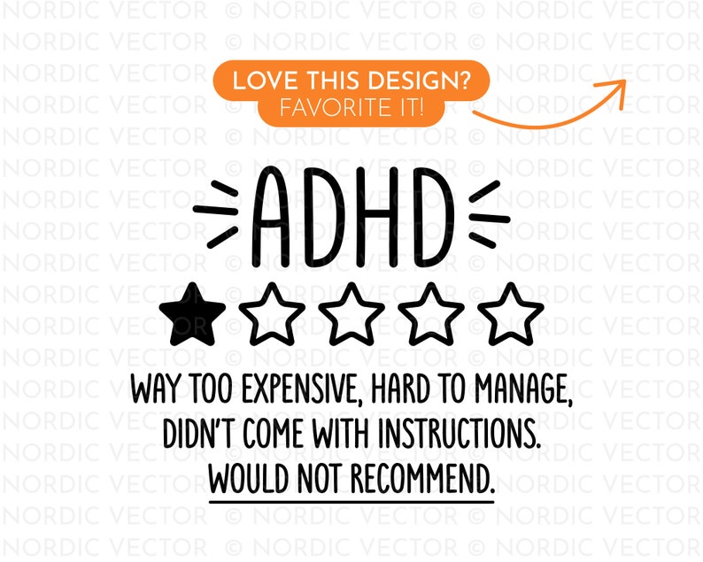 May include: Black and white graphic with the text "ADHD" and a one-star rating. The text below reads "Way too expensive, hard to manage, didn't come with instructions. Would not recommend."