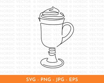 Hot Chocolate / Irish Coffee Line Art ︱ Minimal, Continuous Line Drawing, Hand-Drawn Illustration, Bar Cart, Whipped Cream, SVG, PNG, EPS