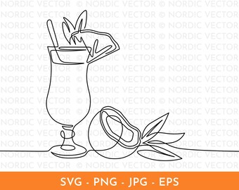 Pina Colada Line Art ︱ Classic Summer Cocktails, Minimal, Continuous Line Art, Hand-Drawn Illustration, Bar Cart, SVG, PNG, EPS