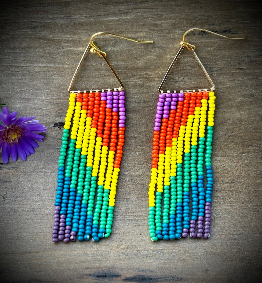 Rainbow Seed Bead Fringe Earrings: Gold Triangle Dangle Earrings - Etsy