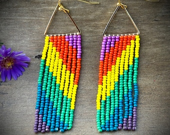 Rainbow Seed Bead Fringe Earrings: Gold Triangle Dangle Earrings