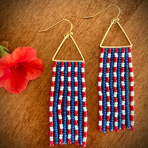 Patriotic Red, White, and Blue Dangle Seed Bead Fringe Earrings with Gold Triangle| Patriotic | Memorial Day | 4th of July