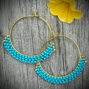 Teal & Gold Hoop Beaded Earrings 1 1/2 inches