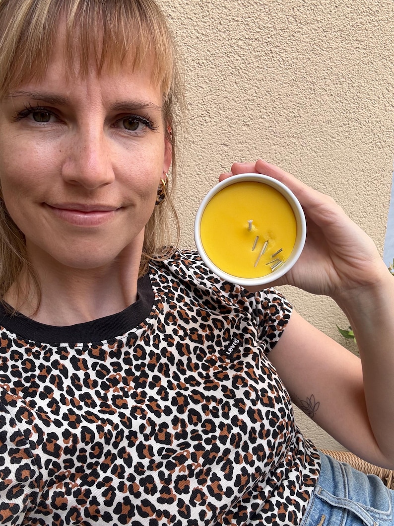 Gute Laune - Citronella Kerze - Mückenkerze - Zitrone - Grillen Geschenk, Deko - Dankeschön - Stimmungskerze - gute Laune, Ostern, Muttertag bild 1