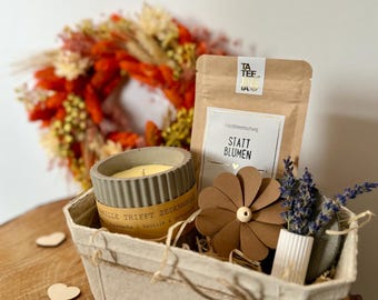 Geschenkset Vanille & Zeder - Kerze mit Botschaft nach Wahl + Tee + Vase - Dankeschön Therapeutin, Hebamme, Geburtstag, Sommer Kerze