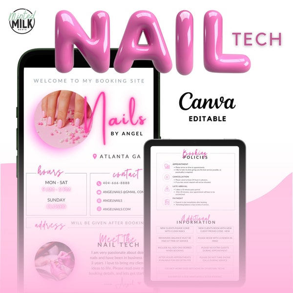 DIY Acuity Site | Editable Nail Tech Booking, Pink Booking Site for Nail Tech, Canva Template, Nail Tech Branding