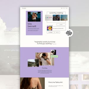 Pode incluir: Um layout de site para uma artista visual chamada Kira Bennett, com um esquema de cores violeta claro e branco, fotografias da artista, uma seção 'currently creating' e texto incluindo 'Inspiration exists, but it has to find you working.'