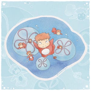 May include: Watercolor illustration of a character in a red outfit, surrounded by blue jellyfish-like shapes. The artwork has a whimsical, cartoonish style with a light blue background and soft, rounded forms. The character has red hair and a smiling expression.