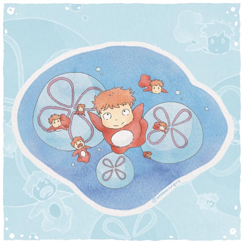 May include: Watercolor illustration of a character in a red outfit, surrounded by blue jellyfish-like shapes. The artwork has a whimsical, cartoonish style with a light blue background and soft, rounded forms. The character has red hair and a smiling expression.