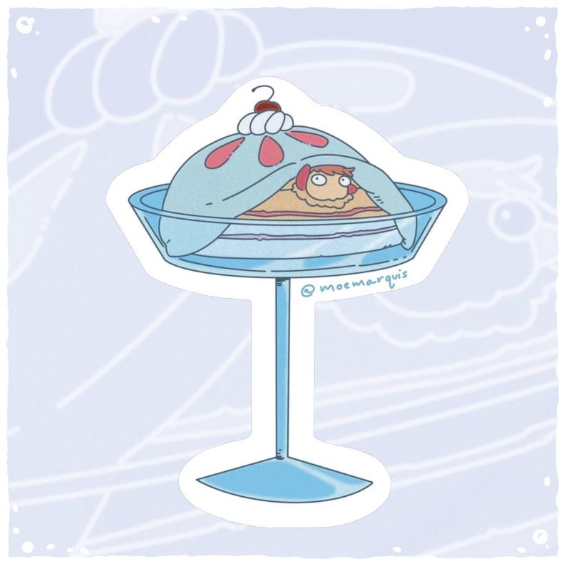May include: A whimsical sticker featuring a cartoon illustration of a dessert. The dessert is covered with a light blue dome, decorated with pink spots and topped with whipped cream and a cherry. The dessert sits on a tall, clear glass stand.